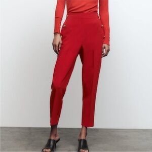 NWT Zara Red Straight Leg Trousers Pants Gold Button Detail Medium 25.5” inseam